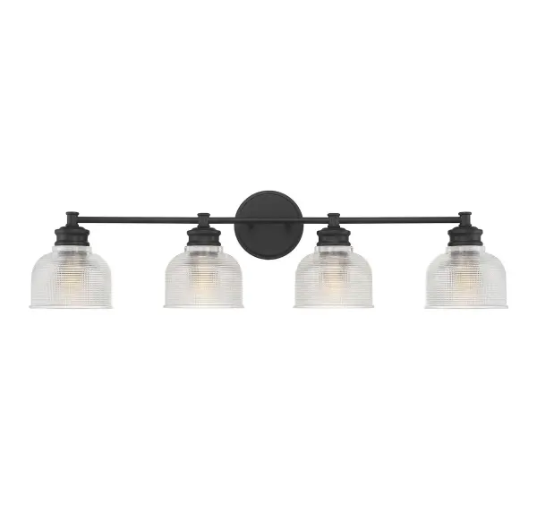 Vintage style inspiration is beautifully modernized in this 4-light bathroom vanity light. It features a streamlined style with shades of textured clear halophane glass, a circular backplate and a matte black finish. Can be mounted with the shades facing up or down. 9.25" in height and 32" in width. Extends 6.5" from the wall. Uses 4 medium bulbs of up to 60 watts per bulb, is LED compatible and is dimmable. Collection: Mbath Rooms: Bathroom, Powder Room Finish: Matte Black Glass: Clear Halophane Width: 32.00" Height: 9.25" Weight: 8.40 lb Extension from Wall: 6.50" Canopy: 5"x5" Number of Bulbs: 4 Maximum Wattage: 60.00 W Bulb Type: ST19 Bulb Base: E26 Light Source: Incandescent/LED Dimmable Voltage: 120.00 V Material: Metal, Glass Safety Listing: UL/CUL Safety Rating: Damp LED