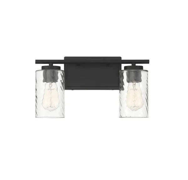 Make a big impact when you change out your old bathroom lights for this 2-light bath vanity light. It has a sleek look with intriguing shades of clear swirl glass and a matte black finish. Can be mounted with the shades facing up or down. 8.63" in height and 15" in width. It extends 5.5" from the wall. Uses 2 standard size bulbs of up to 60 watts per bulb, is LED compatible, is dimmable and is damp area rated. Collection: Mbath Rooms: Bathroom, Powder Room Finish: Matte Black Glass: Clear Swirl Width: 15.00" Height: 8.63" Weight: 2.90 lb Extension from Wall: 5.50" Canopy: 4.5"x7.88" Number of Bulbs: 2 Maximum Wattage: 60.00 W Bulb Type: ST19 Bulb Base: E26 Light Source: Incandescent/LED Dimmable Voltage: 120.00 V Material: Metal, Glass Safety Listing: UL/CUL Safety Rating: Damp LED