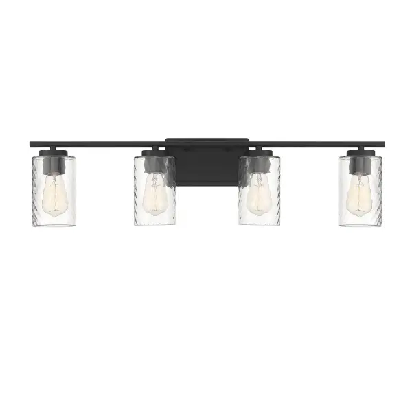 Make a big impact when you change out your old bathroom lights for this 4-light bath vanity light. It has a sleek look with intriguing shades of clear swirl glass and a matte black finish. Can be mounted with the shades facing up or down. 8.63" in height and 32" in width. Extends 5.5" from the wall. It uses 4 standard size bulbs of up to 60 watts per bulb, is LED compatible, is dimmable and is damp area rated. Collection: Mbath Rooms: Bathroom, Powder Room Finish: Matte Black Glass: Clear Swirl Width: 32.00" Height: 8.63" Weight: 5.06 lb Extension from Wall: 5.50" Canopy: 4.5"x7.88" Number of Bulbs: 4 Maximum Wattage: 60.00 W Bulb Type: ST19 Bulb Base: E26 Light Source: Incandescent/LED Dimmable Voltage: 120.00 V Material: Metal, Glass Safety Listing: UL/CUL Safety Rating: Damp LED