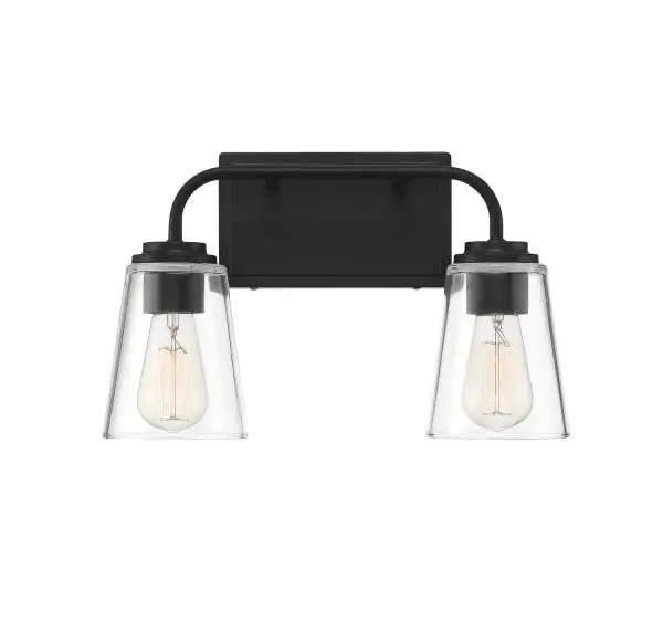 Featuring a simple, sleek design and conical shades of clear glass, this 2-light bath vanity light is a terrific way to improve the illumination and the look of any bathroom. Finished in matte black. Can be mounted with its shades facing up or down. 9.75" in height and 15" in width. Extends 6.5" from the wall. It uses 2 standard size bulbs of up to 60 watts per bulb, is LED compatible and is dimmable. Collection: Mbath Rooms: Bathroom, Powder Room Finish: Matte Black Glass: Clear Width: 15.00" Height: 9.75" Weight: 3.65 lb Extension from Wall: 6.50" Canopy: 4.5"x7.88" Number of Bulbs: 2 Maximum Wattage: 60.00 W Bulb Type: ST19 Bulb Base: E26 Light Source: Incandescent/LED Dimmable Voltage: 120.00 V Material: Metal, Glass Safety Listing: UL/CUL Safety Rating: Damp LED