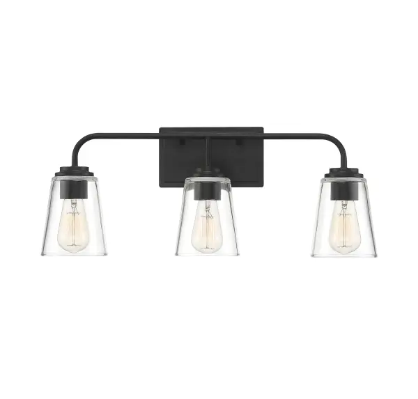 Featuring a simple, sleek design and conical shades of clear glass, this 3-light bath vanity light is a terrific way to improve the illumination and the look of any bathroom. Finished in matte black. Can be mounted with its shades facing up or down. 9.75" in height and 24" in width. Extends 6.5" from the wall. Uses 3 standard size bulbs of up to 60 watts per bulb, is LED compatible and is dimmable. Collection: Mbath Rooms: Bathroom, Powder Room Finish: Matte Black Glass: Clear Width: 24.00" Height: 9.75" Weight: 5.24 lb Extension from Wall: 6.50" Canopy: 4.5"x7.88" Number of Bulbs: 3 Maximum Wattage: 60.00 W Bulb Type: ST19 Bulb Base: E26 Light Source: Incandescent/LED Dimmable Voltage: 120.00 V Material: Metal, Glass Safety Listing: UL/CUL Safety Rating: Damp LED