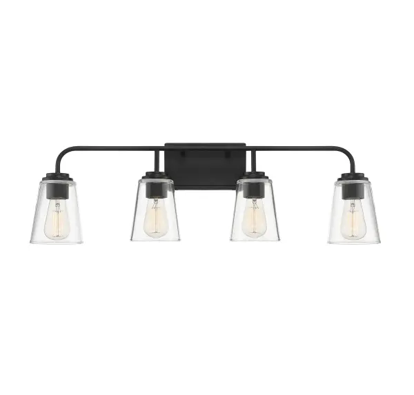 Featuring a simple, sleek design and conical shades of clear glass, this 4-light bath vanity light is a terrific way to improve the illumination and the look of any bathroom. Finished in matte black. Can be mounted with its shades facing up or down. 9.75" in height and 32" in width. Extends 6.5" from the wall. Uses 4 standard size bulbs of up to 60 watts per bulb, is LED compatible and is dimmable. Collection: Mbath Rooms: Bathroom, Powder Room Finish: Matte Black Glass: Clear Width: 32.00" Height: 9.75" Weight: 6.75 lb Extension from Wall: 6.50" Canopy: 4.5"x7.88" Number of Bulbs: 4 Maximum Wattage: 60.00 W Bulb Type: ST19 Bulb Base: E26 Light Source: Incandescent/LED Dimmable Voltage: 120.00 V Material: Metal, Glass Safety Listing: UL/CUL Safety Rating: Damp LED