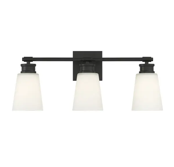 Simply stylish and cleanly classic, this Meridian 3-light bath vanity bar offers shades of milk glass and a matte black finish for bright yet comfortable illumination. 9.5" height, 23" width, extends 6.5" from wall. Max 60 watts per bulb, standard size A19 bulbs recommended. LED bulb compatible. Damp area rated. Rooms: Bathroom, Powder Room Finish: Matte Black Glass: Milk Width: 23.00" Height: 9.50" Weight: 5.94 lb Extension from Wall: 6.50" Canopy: 4.75"x4.75"x0.75" Number of Bulbs: 3 Maximum Wattage: 60.00 W Bulb Type: A-19 Bulb Base: E26 Light Source: Incandescent/LED Dimmable Voltage: 120.00 V Material: Metal, Glass Safety Listing: UL/CUL Safety Rating: Damp LED