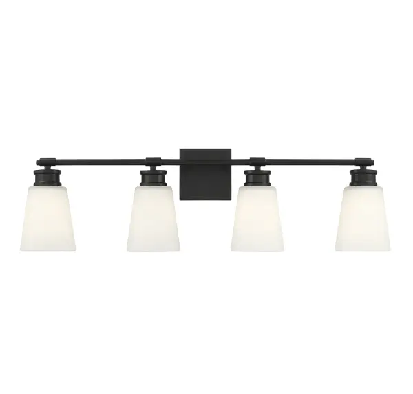 Simply stylish and cleanly classic, this Meridian 4-light bath vanity bar offers shades of milk glass and a matte black finish for bright yet comfortable illumination. 9.5" height, 31" width, extends 6.5" from wall. Max 60 watts per bulb, standard size A19 bulbs recommended. LED bulb compatible. Damp area rated. Rooms: Bathroom, Powder Room Finish: Matte Black Glass: Milk Width: 31.00" Height: 9.50" Weight: 7.70 lb Extension from Wall: 6.50" Canopy: 4.75"x4.75"x0.75" Number of Bulbs: 4 Maximum Wattage: 60.00 W Bulb Type: A-19 Bulb Base: E26 Light Source: Incandescent/LED Dimmable Voltage: 120.00 V Material: Metal, Glass Safety Listing: UL/CUL Safety Rating: Damp LED