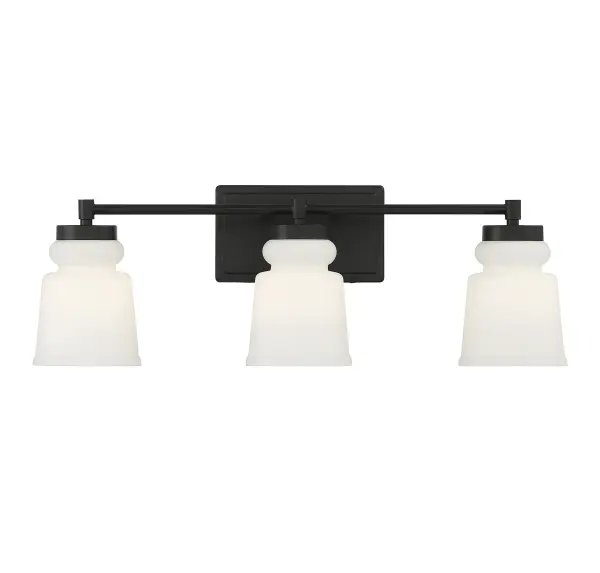 Simply stylish and cleanly classic, this Meridian 3-light bath vanity bar showcases vintage-inspired shades of milk glass and a matte black finish for bright yet comfortable illumination. 8.5" height, 24" width, extends 6" from wall. Max 60 watts per bulb, standard size A19 bulbs recommended. LED bulb compatible. Damp area rated. Rooms: Bathroom, Powder Room Finish: Matte Black Glass: Milk Width: 24.00" Height: 8.50" Weight: 3.96 lb Extension from Wall: 6.00" Canopy: 4.5"x8"x0.75" Number of Bulbs: 3 Maximum Wattage: 60.00 W Bulb Type: A-19 Bulb Base: E26 Light Source: Incandescent/LED Dimmable Voltage: 120.00 V Material: Metal, Glass Safety Listing: UL/CUL Safety Rating: Damp LED