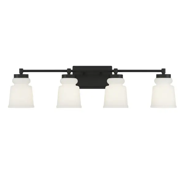 Simply stylish and cleanly classic, this Meridian 4-light bath vanity bar showcases vintage-inspired shades of milk glass and a matte black finish for bright yet comfortable illumination. 8.5" height, 32" width, extends 6" from wall. Max 60 watts per bulb, standard size A19 bulbs recommended. LED bulb compatible. Damp area rated. Rooms: Bathroom, Powder Room Finish: Matte Black Glass: Milk Width: 32.00" Height: 8.50" Weight: 5.17 lb Extension from Wall: 6.00" Canopy: 4.5"x8"x0.75" Number of Bulbs: 4 Maximum Wattage: 60.00 W Bulb Type: E26 Bulb Base: E26 Light Source: Incandescent/LED Dimmable Voltage: 120.00 V Material: Metal, Glass Safety Listing: UL/CUL Safety Rating: Damp LED