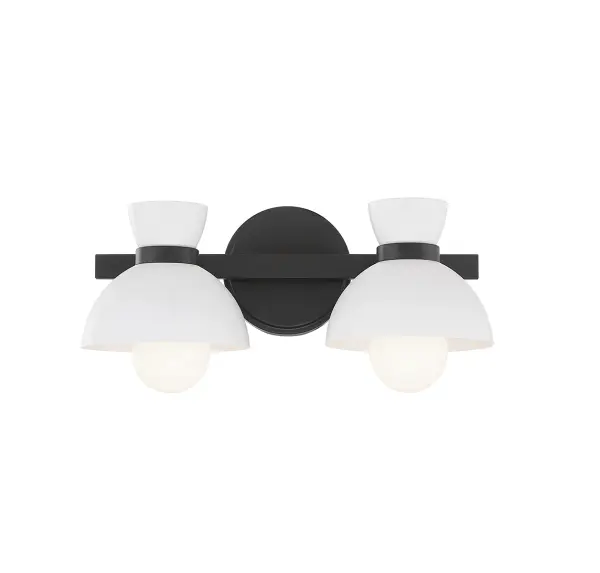 This 2-light bath vanity light brings a big dose of midcentury-inspired style in a small package! White solid metal shades focus and direct the light while opal glass shades soften the glow. Collar detailing finished in Matte Black adds even more style. 6" height, 16.5" width, extends 8.25" from the wall. Uses two standard size bulbs with a max of 60 watts per bulb (not included). Damp area rated. Install as shown. Rooms: Bathroom, Powder Room Finish: Matte Black Glass: White Metal Width: 16.50" Height: 6.00" Weight: 3.08 lb Extension from Wall: 8.25" Canopy: 5.5"x5.5"x0.79" Number of Bulbs: 2 Maximum Wattage: 60.00 W Bulb Type: G25 Bulb Base: E26 Light Source: Incandescent/LED Dimmable Voltage: 120.00 V Material: Metal Safety Listing: UL/CUL Safety Rating: Damp LED