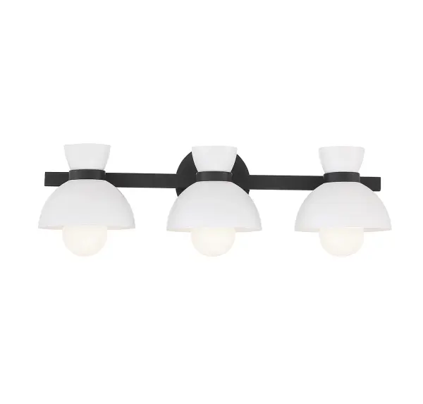 This 3-light bath vanity light brings a big dose of midcentury-inspired style in a small package! White solid metal shades focus and direct the light while opal glass shades soften the glow. Collar detailing finished in Matte Black adds even more style. 6" height, 24.5" width, extends 8.25" from the wall. Uses three standard size bulbs with a max of 60 watts per bulb (not included). Damp area rated. Install as shown. Rooms: Bathroom, Powder Room Finish: Matte Black Glass: White Metal Width: 24.50" Height: 6.00" Weight: 4.36 lb Extension from Wall: 8.25" Canopy: 5.5"x5.5"x0.79" Number of Bulbs: 3 Maximum Wattage: 60.00 W Bulb Type: G25 Bulb Base: E26 Light Source: Incandescent/LED Dimmable Voltage: 120.00 V Material: Metal Safety Listing: UL/CUL Safety Rating: Damp LED