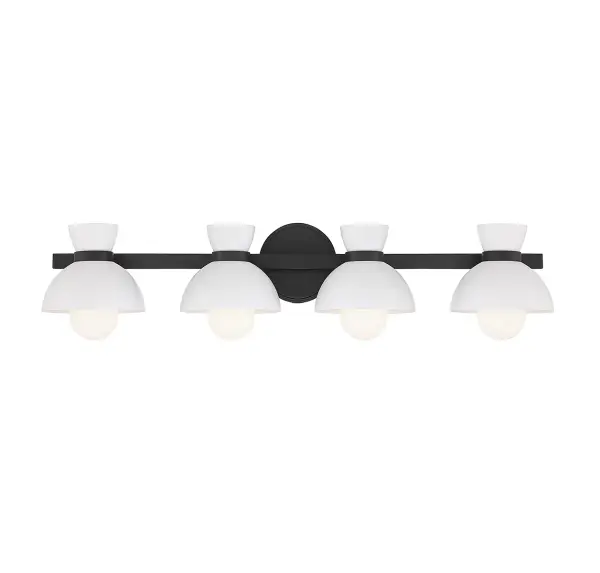 This 4-light bath vanity light brings a big dose of midcentury-inspired style in a small package! White solid metal shades focus and direct the light while opal glass shades soften the glow. Collar detailing finished in Matte Black adds even more style. 6" height, 33.5" width, extends 8.25" from the wall. Uses four standard size bulbs with a max of 60 watts per bulb (not included). Damp area rated. Install as shown. Rooms: Bathroom, Powder Room Finish: Matte Black Glass: White Metal Width: 33.50" Height: 6.00" Weight: 5.72 lb Extension from Wall: 8.25" Canopy: 5.5"x5.5"x0.79" Number of Bulbs: 4 Maximum Wattage: 60.00 W Bulb Type: G25 Bulb Base: E26 Light Source: Incandescent/LED Dimmable Voltage: 120.00 V Material: Metal Safety Listing: UL/CUL Safety Rating: Damp LED
