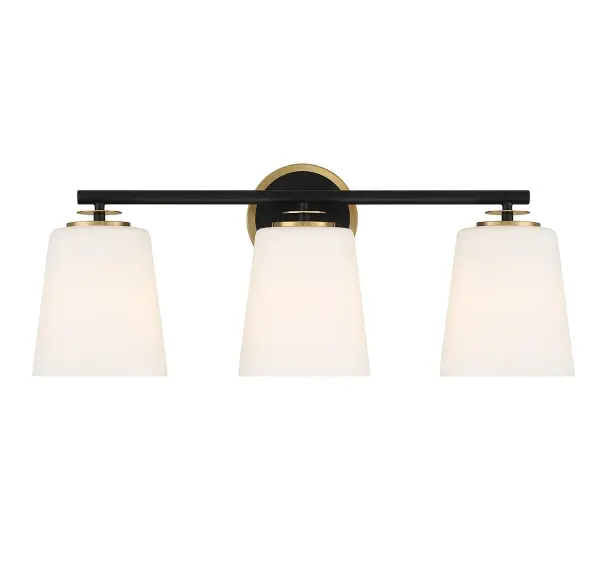 Add classic, elegant illumination to the bath with this 3-light bath bar! Cone-shaped shades of white opal glass will bring a bright yet comfortable glow. When paired with the Matte Black and Natural Brass finish, it's a fabulous look. 9.25" height, 24" width, extends 6.5" from the wall. Uses three standard size bulbs with a max of 60 watts per bulb (not included). Damp area rated. Can be installed facing up or down. Rooms: Bathroom, Powder Room Finish: Matte Black and Natural Brass Glass: White Opal Width: 24.00" Height: 9.25" Weight: 5.51 lb Extension from Wall: 6.50" Canopy: 5"x5"x0.75" Number of Bulbs: 3 Maximum Wattage: 60.00 W Bulb Type: E26 Bulb Base: E26 Light Source: Incandescent/LED Dimmable Voltage: 120.00 V Material: Metal, Glass Safety Listing: ETL/CETL Safety Rating: Damp LED