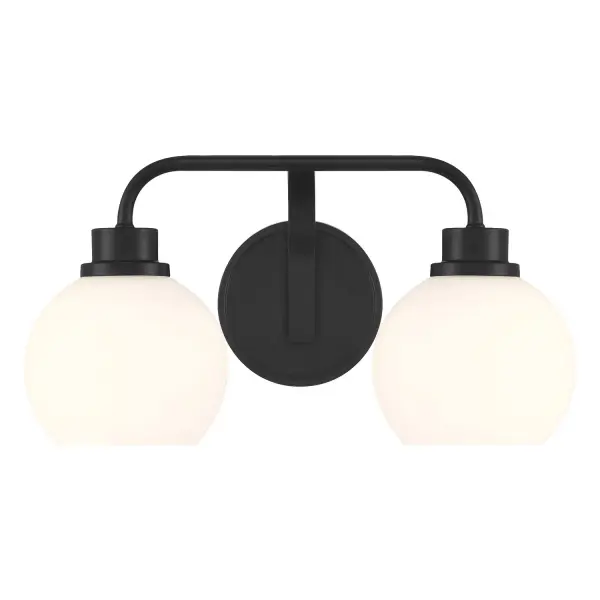 Freshen up your bathroom with the sleekly timeless style of this 2-light bath bar, which features orb-shaped shades of white opal glass that are open at the bottom and a versatile Matte Black finish. It is 8.25" in height, 16" in width and extends 7.75" from the wall. It uses 2 standard size bulbs of up to 60 watts per bulb. Bulbs not included. Rooms: Bathroom, Powder Room Finish: Matte Black Glass: White Opal Width: 16.00" Height: 8.25" Weight: 2.90 lb Extension from Wall: 7.75" Canopy: 5"x5"x0.75" Number of Bulbs: 2 Maximum Wattage: 60.00 W Bulb Type: E26 Bulb Base: E26 Light Source: Incandescent/LED Dimmable Voltage: 120.00 V Material: Metal, Glass Safety Listing: UL/CUL Safety Rating: Damp LED