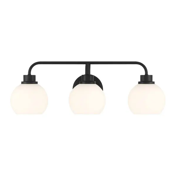 Freshen up your bathroom with the sleekly timeless style of this 3-light bath bar, which features orb-shaped shades of white opal glass that are open at the bottom and a versatile Matte Black finish. It is 8.25" in height, 24" in width and extends 7.75" from the wall. It uses 3 standard size bulbs of up to 60 watts per bulb. Bulbs not included. Rooms: Bathroom, Powder Room Finish: Matte Black Glass: White Opal Width: 24.00" Height: 8.25" Weight: 3.95 lb Extension from Wall: 7.75" Canopy: 5"x5"x0.75" Number of Bulbs: 3 Maximum Wattage: 60.00 W Bulb Type: E26 Bulb Base: E26 Light Source: Incandescent/LED Dimmable Voltage: 120.00 V Material: Metal, Glass Safety Listing: UL/CUL Safety Rating: Damp LED
