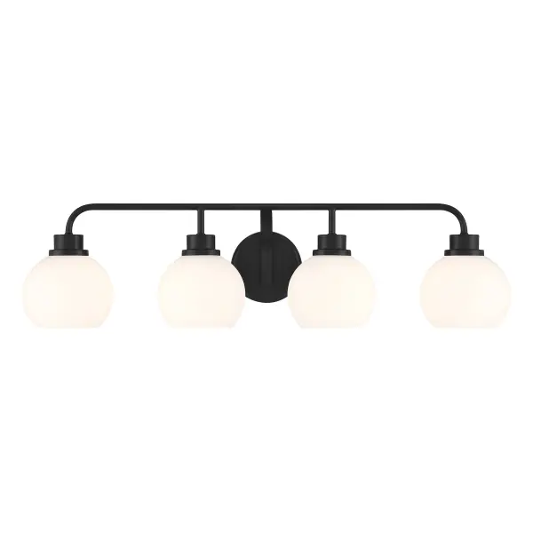 Freshen up your bathroom with the sleekly timeless style of this 4-light bath bar, which features orb-shaped shades of white opal glass that are open at the bottom and a versatile Matte Black finish. It is 8.25" in height, 32" in width and extends 7.75" from the wall. It uses 4 standard size bulbs of up to 60 watts per bulb. Bulbs not included. Rooms: Bathroom, Powder Room Finish: Matte Black Glass: White Opal Width: 32.00" Height: 8.25" Weight: 5.36 lb Extension from Wall: 7.75" Canopy: 5"x5"x0.75" Number of Bulbs: 4 Maximum Wattage: 60.00 W Bulb Type: E26 Bulb Base: E26 Light Source: Incandescent/LED Dimmable Voltage: 120.00 V Material: Metal, Glass Safety Listing: UL/CUL Safety Rating: Damp LED