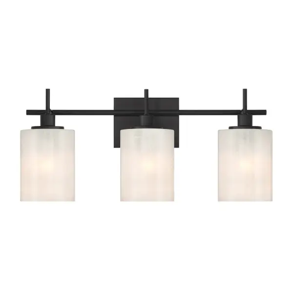 Brighten up your bath easily and beautifully with this 3-light bath bar, which showcases shades of strie glass featuring dazzling swirls that draw the eye, soften the glow and work beautifully with the Matte Black finish. It is 9.75" in height, 22" in width and extends 6.5" from the wall. Uses three standard size bulbs of up to 60 watts per bulb. Bulbs not included. Rooms: Bathroom, Powder Room Finish: Matte Black Glass: White Strie Width: 22.00" Height: 9.75" Weight: 6.26 lb Extension from Wall: 6.50" Canopy: 4.52755"x5.9055"x0.7874" Number of Bulbs: 3 Maximum Wattage: 60.00 W Bulb Type: E26 Bulb Base: E26 Light Source: Incandescent/LED Dimmable Voltage: 120.00 V Material: Metal, Glass Safety Listing: ETL Safety Rating: Damp LED