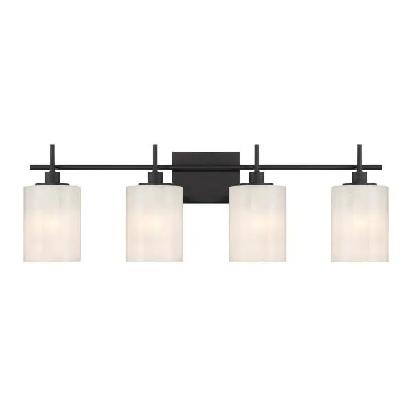 Brighten up your bath easily and beautifully with this 4-light bath bar, which showcases shades of strie glass featuring dazzling swirls that draw the eye, soften the glow and work beautifully with the Matte Black finish. It is 9.75" in height, 30.75" in width and extends 6.5" from the wall. Uses four standard size bulbs of up to 60 watts per bulb. Bulbs not included. Rooms: Bathroom, Powder Room Finish: Matte Black Glass: White Strie Width: 30.75" Height: 9.75" Weight: 8.13 lb Extension from Wall: 6.50" Canopy: 4.52755"x5.9055"x0.7874" Number of Bulbs: 4 Maximum Wattage: 60.00 W Bulb Type: E26 Bulb Base: E26 Light Source: Incandescent/LED Dimmable Voltage: 120.00 V Material: Metal, Glass Safety Listing: ETL Safety Rating: Damp LED