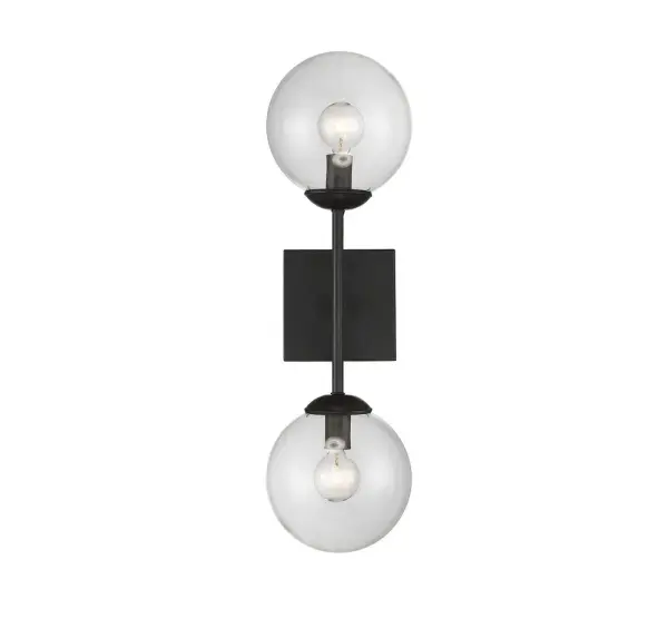 This slim and stylish 2-light sconce is an excellent choice for bold and helpful lighting in any space. Finished in Black with orb-shaped shades of clear glass. 20" in height and 6" in width. Collection: Mscon Rooms: Bathroom, Bedroom, Billiard Room, Closet, Dining Room, Entryway, Family Room, Great Room, Kitchen, Hallway, Living Room, Office, Powder Room, Stairway, Sunroom, Lobby, Waiting Room, Media Room Finish: Black Glass: Clear Width: 6.00" Height: 20.00" Weight: 2.75 lb Extension from Wall: 6.75" Canopy: 4.75"x4.75"x0.75" Number of Bulbs: 2 Maximum Wattage: 60.00 W Bulb Type: C11 Bulb Base: E12 Light Source: Incandescent/LED Dimmable Voltage: 120.00 V Material: Metal, Glass Safety Listing: UL/CUL Safety Rating: Damp LED