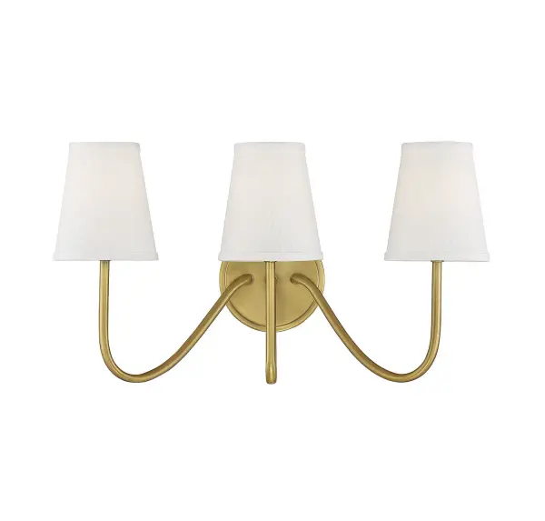 This clean and crisp 3-light wall sconce has a minimalistic look that makes it ideal for adding light to a room without too much fuss. It is finished in natural brass and topped off with white fabric shades. 11.25" in height and 20" in width. Extends 8" from the wall. Uses 3 candelabra size bulbs of up to 60 watts each, is LED compatible, is dimmable and is damp area rated. Collection: Mscon Rooms: Bathroom, Bedroom, Billiard Room, Closet, Dining Room, Entryway, Family Room, Great Room, Kitchen, Hallway, Living Room, Office, Powder Room, Stairway, Sunroom, Lobby, Waiting Room, Media Room Finish: Natural Brass Glass: White Fabric Width: 20.00" Height: 11.25" Weight: 2.50 lb Extension from Wall: 8.00" Canopy: 5.13"x5.13"x1.13" Number of Bulbs: 3 Maximum Wattage: 60.00 W Bulb Type: C11 Bulb Base: E12 Light Source: Incandescent/LED Dimmable Voltage: 120.00 V Material: Metal, Fabric Safety Listing: UL/CUL Safety Rating: Damp LED
