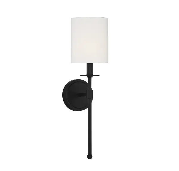 Add a boost of classic elegance to any room with this Meridian 1-light wall sconce. It has a shade of white fabric that pairs up perfectly with the chic matte black finish, creating a style that is ideal for traditional or transitional decors. This sconce is 20" in height and 5" in width. It extends 7" from the wall and uses one candelabra size bulb of up to 60 watts. It is dimmable and LED compatible. Rooms: Bathroom, Bedroom, Billiard Room, Closet, Dining Room, Entryway, Family Room, Great Room, Kitchen, Hallway, Living Room, Office, Powder Room, Stairway, Sunroom, Lobby, Waiting Room, Media Room Finish: Matte Black Glass: White Fabric Width: 5.00" Height: 20.00" Weight: 8.95 lb Extension from Wall: 7.00" Canopy: 5.13"x5.13" Number of Bulbs: 1 Maximum Wattage: 60.00 W Bulb Type: C11 Bulb Base: E12 Light Source: Incandescent/LED Dimmable Voltage: 120.00 V Material: Metal, Fabric Safety Listing: UL/CUL Safety Rating: Damp LED