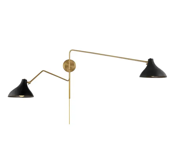 This Meridian 2-light adjustable wall sconce showcases curving vintage-inspired shades on long, dramatically angled arms and is finished in a stylish pairing of matte black with natural brass. 20.5" height, 86" width, extends up to 52" from the wall. Max 60 watts per bulb, standard size A19 bulbs recommended. LED bulb compatible. Can be hard-wired or plugged in. Rooms: Bathroom, Bedroom, Billiard Room, Closet, Dining Room, Entryway, Family Room, Great Room, Kitchen, Hallway, Living Room, Office, Powder Room, Stairway, Sunroom, Lobby, Waiting Room, Media Room Finish: Matte Black with Natural Brass Glass: Matte Black Metal Width: 86.00" Height: 20.50" Weight: 5.72 lb Extension from Wall: 52.00" Canopy: 6"x6"x1.25" Number of Bulbs: 2 Maximum Wattage: 60.00 W Bulb Type: A19 Bulb Base: E26 Light Source: Incandescent/LED Dimmable Voltage: 120.00 V Material: Metal Safety Listing: UL/CUL Safety Rating: Damp LED