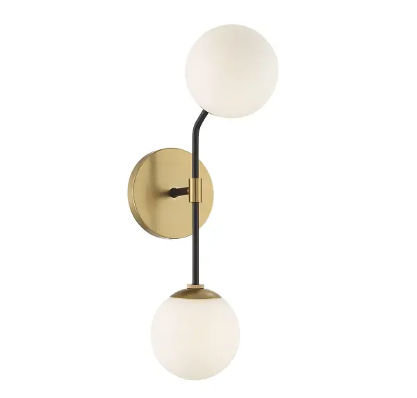 Find eye-catching midcentury modern style with this 2-light sconce. It features a stylish two-tone blend of Matte Black and Natural Brass finishes, paired with orbs of white opal glass. 19.5" height, 5.5" width, extends 9.5" from the wall. Two 60-watt G9 bulbs are included. Damp area rated. Install as shown. Rooms: Bathroom, Bedroom, Billiard Room, Closet, Dining Room, Entryway, Family Room, Great Room, Kitchen, Hallway, Living Room, Office, Powder Room, Stairway, Sunroom, Lobby, Waiting Room, Media Room Finish: Matte Black and Natural Brass Glass: White Opal Width: 5.50" Height: 19.50" Weight: 2.09 lb Extension from Wall: 9.50" Canopy: 5.5"x5.5"x0.79" Number of Bulbs: 2 Maximum Wattage: 60.00 W Bulb Type: G9 Bulb Base: G9 Light Source: Incandescent/LED Dimmable Voltage: 120.00 V Material: Metal, Glass Safety Listing: UL/CUL Safety Rating: Damp LED