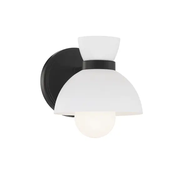 This 1-light sconce brings a big dose of midcentury-inspired style in a small package! A white solid metal shade focuses and directs the light while a opal glass shade softens the glow. Collar detailing finished in Matte Black adds even more style. 6" height, 7" width, extends 8.5" from the wall. Uses one standard size bulb with a max of 60 watts (not included). We recommend a G25 bulb. Damp area rated. Install as shown. Rooms: Bathroom, Bedroom, Billiard Room, Closet, Dining Room, Entryway, Family Room, Great Room, Kitchen, Hallway, Living Room, Office, Powder Room, Stairway, Sunroom, Lobby, Waiting Room, Media Room Finish: Matte Black Glass: White Metal Width: 7.00" Height: 6.00" Weight: 1.54 lb Extension from Wall: 8.50" Canopy: 5.5"x5.5"x0.79" Number of Bulbs: 1 Maximum Wattage: 60.00 W Bulb Type: G25 Bulb Base: E26 Light Source: Incandescent/LED Dimmable Voltage: 120.00 V Material: Metal Safety Listing: UL/CUL Safety Rating: Damp LED