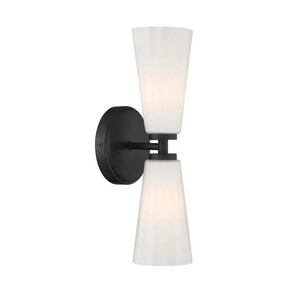Timelessly beautiful and elegant, this 2-light sconce is sure to brighten your home in style. Its alluring white fluted glass shades add a thoughtful touch of texture and pair nicely with the Matte Black finish. The height is 14.5", the width is 5.125" and it extends 5.5" from the wall. Uses 2 candelabra size bulbs of up to 60 watts per bulb. Bulbs not included. Rooms: Bathroom, Bedroom, Billiard Room, Closet, Dining Room, Entryway, Family Room, Great Room, Kitchen, Hallway, Living Room, Office, Powder Room, Stairway, Sunroom, Lobby, Waiting Room, Media Room Finish: Matte Black Glass: White Fluted Width: 5.13" Height: 14.50" Weight: 1.76 lb Extension from Wall: 5.50" Canopy: 5.1"x5.1"x1" Number of Bulbs: 2 Maximum Wattage: 60.00 W Bulb Type: Candelabra Bulb Base: E12 Light Source: Incandescent/LED Dimmable Voltage: 120.00 V Material: Metal, Glass Safety Listing: ETL Safety Rating: Damp LED