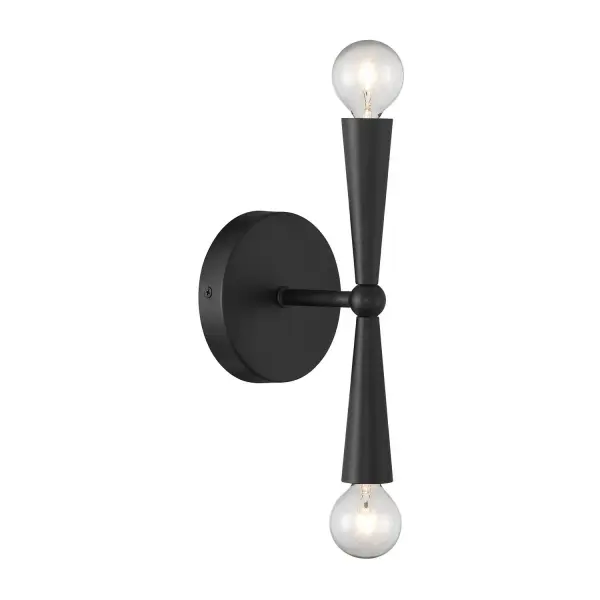 Make a scene with the unique silhouette of this 2-light sconce! Cone-shaped arms finished in Matte Black burst forth from the center, bearing bare bulbs to let the light shine brightly. This sconce is 10" in height, 4.75" in width and extends 4.5" from the wall. Uses 2 candelabra size bulbs of up to 60 watts per bulb. We recommend using globe-shaped bulbs for heightened appeal. Bulbs not included. Rooms: Bathroom, Bedroom, Billiard Room, Closet, Dining Room, Entryway, Family Room, Great Room, Kitchen, Hallway, Living Room, Office, Powder Room, Stairway, Sunroom, Lobby, Waiting Room, Media Room Finish: Matte Black Width: 4.75" Height: 10.00" Weight: 0.99 lb Extension from Wall: 4.50" Canopy: 4.72"x4.72"x1" Number of Bulbs: 2 Maximum Wattage: 60.00 W Bulb Type: Candelabra Bulb Base: E12 Light Source: Incandescent/LED Dimmable Voltage: 120.00 V Material: Metal Safety Listing: ETL Safety Rating: Damp LED