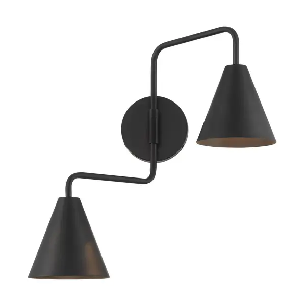The boldly angled arms and shining Matte Black finish of this 2-light adjustable wall sconce combine to make it a true conversation piece. Customize it by adjusting the arms as needed! The shades are opaque, so they will concentrate and direct the light. The sconce is 16.5" in height, 24" in width and extends 13" from the wall. It uses 2 candelabra size bulbs of up to 60 watts per bulb. Bulbs not included. Rooms: Bathroom, Bedroom, Billiard Room, Closet, Dining Room, Entryway, Family Room, Great Room, Kitchen, Hallway, Living Room, Office, Powder Room, Stairway, Sunroom, Lobby, Waiting Room, Media Room Finish: Matte Black Width: 24.00" Height: 16.50" Weight: 3.12 lb Extension from Wall: 13.00" Canopy: 5"x5"x0.75" Number of Bulbs: 2 Maximum Wattage: 60.00 W Bulb Type: Candelabra Bulb Base: E12 Light Source: Incandescent/LED Dimmable Voltage: 120.00 V Material: Metal Safety Listing: UL/CUL Safety Rating: Damp LED