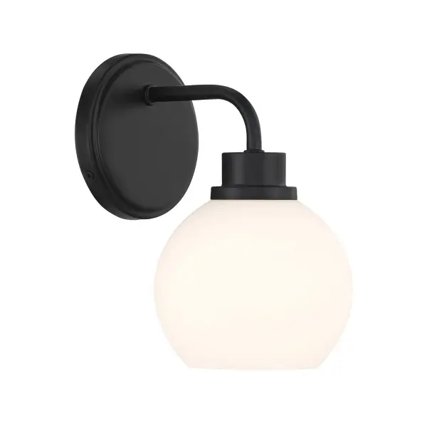 Freshen up your bathroom with the sleekly timeless style of this 1-light sconce, which features an orb-shaped shade of white opal glass that is open at the bottom and a versatile Matte Black finish. It is 9.5" in height, 6" in width and extends 7.75" from the wall. It uses 1 standard size bulb of up to 60 watts. Bulb not included. Rooms: Bathroom, Bedroom, Billiard Room, Closet, Dining Room, Entryway, Family Room, Great Room, Kitchen, Hallway, Living Room, Office, Powder Room, Stairway, Sunroom, Lobby, Waiting Room, Media Room Finish: Matte Black Glass: White Opal Width: 6.00" Height: 9.50" Weight: 1.54 lb Extension from Wall: 7.75" Canopy: 5"x5"x0.75" Number of Bulbs: 1 Maximum Wattage: 60.00 W Bulb Type: E26 Bulb Base: E26 Light Source: Incandescent/LED Dimmable Voltage: 120.00 V Material: Metal, Glass Safety Listing: UL/CUL Safety Rating: Damp LED