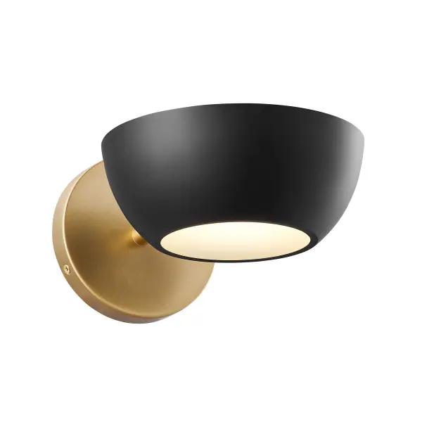 Bring this inventive 1-light sconce into your home and watch it become a conversation starter! Light shines above and below the Matte Black finished cup and the arm is finished in Natural Brass for two-tone appeal. It is 5" in height, 7" in width and extends 9.875" from the wall. Uses one candelabra size bulb of up to 60 watts. Bulb not included. Mount this sconce facing up, as pictured. Rooms: Bathroom, Bedroom, Billiard Room, Closet, Dining Room, Entryway, Family Room, Great Room, Kitchen, Hallway, Living Room, Office, Powder Room, Stairway, Sunroom, Lobby, Waiting Room, Media Room Finish: Matte Black and Natural Brass Width: 7.00" Height: 5.00" Weight: 4.85 lb Extension from Wall: 9.88" Canopy: 5"x5"x0.75" Number of Bulbs: 1 Maximum Wattage: 60.00 W Bulb Type: Candelabra Bulb Base: E12 Light Source: Incandescent/LED Dimmable Voltage: 120.00 V Material: Metal, Glass Safety Listing: ETL Safety Rating: Damp LED