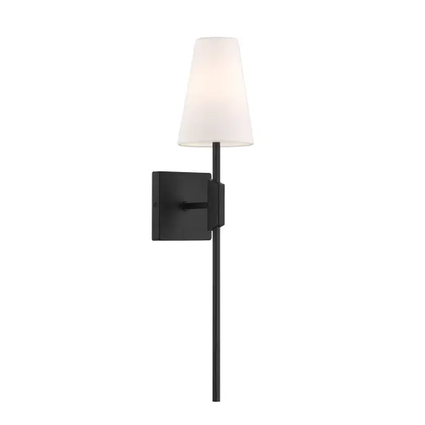If you want to add a touch of chic, classic style to any room, look no further than this 1-light sconce. Finished in Matte Black, pairing a pencil-sleek body with a bold square backplate and a white linen fabric shade, it is great whether used solo or in groupings. This sconce is 24" in height, 5" in width and extends 6.5" from the wall. It uses 1 candelabra size bulb of up to 60 watts. Bulb not included. Rooms: Bathroom, Bedroom, Billiard Room, Closet, Dining Room, Entryway, Family Room, Great Room, Kitchen, Hallway, Living Room, Office, Powder Room, Stairway, Sunroom, Lobby, Waiting Room, Media Room Finish: Matte Black Width: 5.00" Height: 24.00" Weight: 1.19 lb Extension from Wall: 6.50" Canopy: 4.7244"x4.7244"x0.7874" Number of Bulbs: 1 Maximum Wattage: 60.00 W Bulb Type: Candelabra Bulb Base: E12 Light Source: Incandescent/LED Dimmable Voltage: 120.00 V Material: Metal, Fabric Safety Listing: ETL Safety Rating: Damp LED