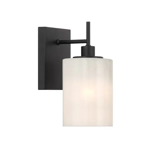 Pep up any room with this simply beautiful 1-light sconce! Its centerpiece is a shade of strie glass featuring dazzling swirls that draw the eye, soften the glow and work beautifully with the Matte Black finish. It is 9.75" in height, 4.75" in width and extends 6.5" from the wall. Uses 1 standard size bulb of up to 60 watts. Bulb not included. Rooms: Bathroom, Bedroom, Billiard Room, Closet, Dining Room, Entryway, Family Room, Great Room, Kitchen, Hallway, Living Room, Office, Powder Room, Stairway, Sunroom, Lobby, Waiting Room, Media Room Finish: Matte Black Glass: Strie Width: 4.75" Height: 9.75" Weight: 2.09 lb Extension from Wall: 6.50" Canopy: 5.9055"x4.52755"x0.7874" Number of Bulbs: 1 Maximum Wattage: 60.00 W Bulb Type: E26 Bulb Base: E26 Light Source: Incandescent/LED Dimmable Voltage: 120.00 V Material: Metal, Glass Safety Listing: ETL Safety Rating: Damp LED