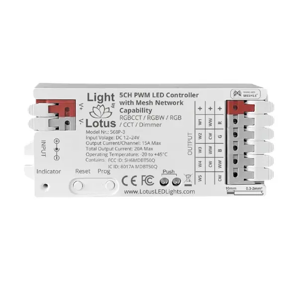 Spec Sheet 568P-3 Datasheet-568P-3 Product Features 5 Channel LED strip controller with PWM signal output Meshle app + Bluetooth mesh control Analogue RGBCCT / RGBW / RGB / CCT / Dimmer 2.4 GHz Wi-Fi supported FCC Certified Warranty: 5 Year