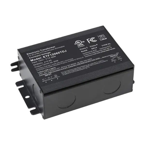 Spec Sheet Spec Sheet ETF12060TDJ Product Features 12V DC 60W Class 2 Electronic Transformer in Junction Box Compact size – fits in limited spaces Triac / ELV / MLV Dimmable c UL us Listed, Class 2, Type HL Warranty: 3 Year