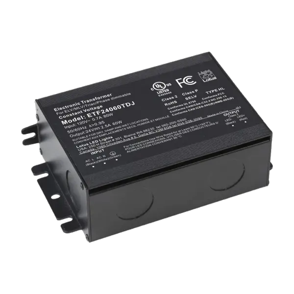 Spec Sheet Spec Sheet ETF24060TDJ Product Features 24V DC 60W Class 2 Electronic Transformer in Junction Box Compact size – fits in limited spaces Triac / ELV / MLV Dimmable c UL us Listed, Class 2, Type HL Warranty: 3 Year