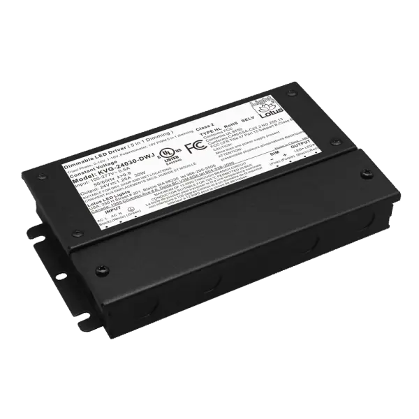 Spec Sheet Spec Sheet KVG-24030-DWJ Product Features 30W maximum load 120V-277V AC Input 24V DC Constant Voltage Output / 1.25A 5-in-1 forward and reverse phase dimming: TRIAC / ELV / MLV, 0-10V, 1-10V, Potentiometer, 10V PWM Wiring Compartments for Line and Low Voltage Connections, 5 cu in per chamber Wet Location cULus Listed Warranty: 5 Year