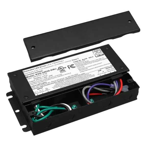 Spec Sheet Spec Sheet KVG-24030-DWJ Product Features 30W maximum load 120V-277V AC Input 24V DC Constant Voltage Output / 1.25A 5-in-1 forward and reverse phase dimming: TRIAC / ELV / MLV, 0-10V, 1-10V, Potentiometer, 10V PWM Wiring Compartments for Line and Low Voltage Connections, 5 cu in per chamber Wet Location cULus Listed Warranty: 5 Year - alternate view