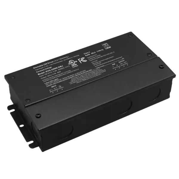 Spec Sheet Spec Sheet KVG-24060-DWJ Product Features 60W maximum load 120V-277V AC Input 24V DC Constant Voltage Output / 2.5A 5-in-1 forward and reverse phase dimming: TRIAC / ELV / MLV, 0-10V, 1-10V, Potentiometer, 10V PWM Wiring Compartments for Line and Low Voltage Connections, 5 cu in per chamber Wet Location cULus Listed Warranty: 5 Year