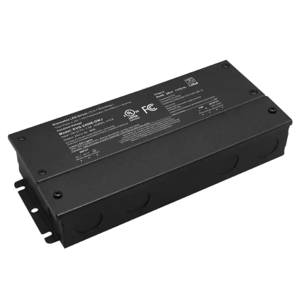Spec Sheet Spec Sheet KVG-24096-DWJ Product Features 96W maximum load 120V-277V AC Input 24V DC Constant Voltage Output / 4A 5-in-1 forward and reverse phase dimming: TRIAC / ELV / MLV, 0-10V, 1-10V, Potentiometer, 10V PWM Wiring Compartments for Line and Low Voltage Connections, 8.75 cu in per chamber Wet Location cULus Listed Warranty: 5 Year