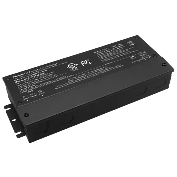 Spec Sheet Spec Sheet KVG-C24192-DWJ Product Features 2 x 96W maximum load 120V-277V AC Input 24V DC Constant Voltage Output / 2 x 4A 5-in-1 forward and reverse phase dimming: TRIAC / ELV / MLV, 0-10V, 1-10V, Potentiometer, 10V PWM Wiring Compartments for Line and Low Voltage Connections, 10 cu in per chamber Wet Location cULus Listed Warranty: 5 Year