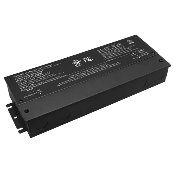 Spec Sheet Spec Sheet KVG-C24288-DWJ Product Features 3 x 96W maximum load 120V-277V AC Input 24V DC Constant Voltage Output / 3 x 4A 5-in-1 forward and reverse phase dimming: TRIAC / ELV / MLV, 0-10V, 1-10V, Potentiometer, 10V PWM Wiring Compartments for Line and Low Voltage Connections, 11 cu in per chamber Wet Location cULus Listed Warranty: 5 Year