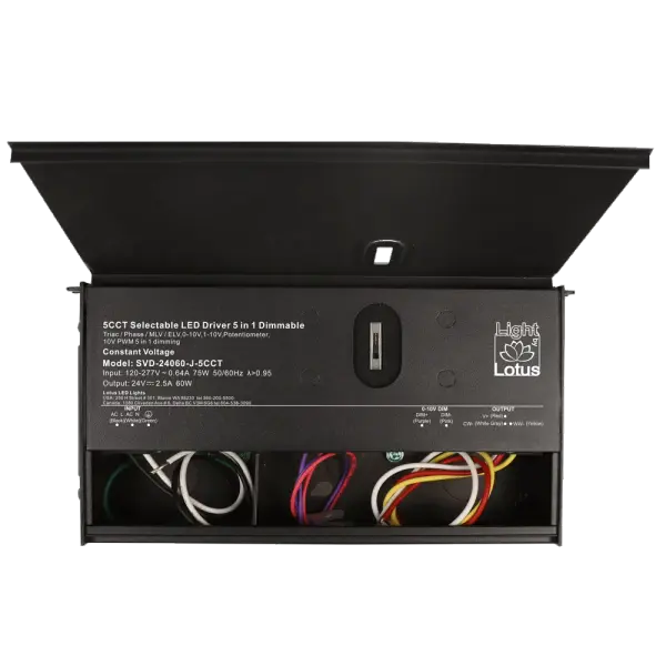 Spec Sheet Spec Sheet SVD-24060-J-5CCT Product Features 5CCT Selectable 24V 60W class 2 power supply Use with Lotus LED tape model LBL-COB-TW5CCT-IP20 120V-277V AC Input 24V DC Constant Voltage Output / 2.5A 5-in-1 forward and reverse phase dimming: TRIAC / ELV / MLV, 0-10V, 1-10V, Potentiometer, 10V PWM Wiring Compartments for Line and Low Voltage Connections cULus Listed Warranty: 5 Year - alternate view