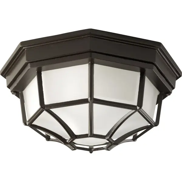 This two-light flushmount combines etched glass diffusion with bronze finish for a classic look. JA8 and Title 22 compliant, it's ideal for California installations and outdoor-rated for covered areas.