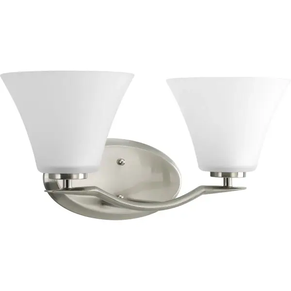 The Bravo Collection offers a sleek, modern vanity light perfect for contemporary bathrooms. Its brushed nickel finish and two-light design provide excellent illumination while maintaining a minimalist aesthetic.