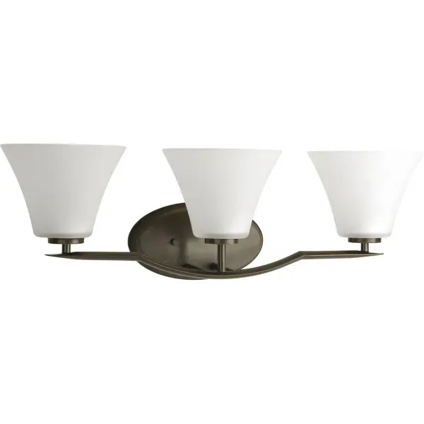 The Bravo Collection delivers clean, contemporary styling with a three-light configuration ideal for medium-sized bathrooms. Its brushed nickel finish complements a wide range of décor styles while providing ample illumination.