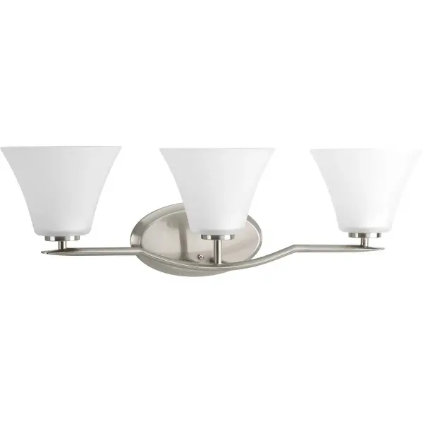 The Bravo Collection delivers clean, contemporary styling with a three-light configuration ideal for medium-sized bathrooms. Its brushed nickel finish complements a wide range of décor styles while providing ample illumination. - alternate view