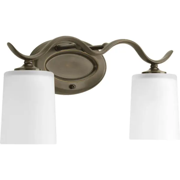 The Inspire Collection offers timeless traditional styling with a brushed nickel finish. This two-light vanity fixture provides balanced illumination for bathroom mirrors while maintaining an elegant, understated aesthetic.