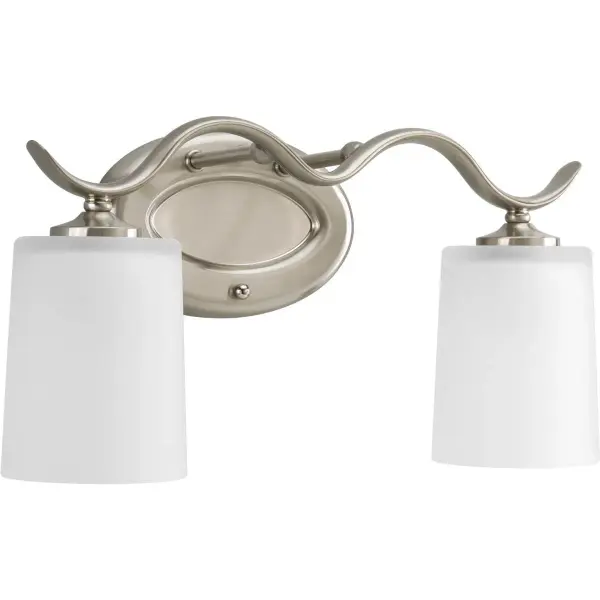 The Inspire Collection offers timeless traditional styling with a brushed nickel finish. This two-light vanity fixture provides balanced illumination for bathroom mirrors while maintaining an elegant, understated aesthetic. - alternate view