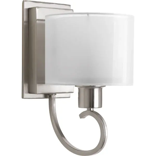 The Invite Collection wall bracket combines transitional styling with practical functionality. Its brushed nickel finish and clean lines make it ideal for bathroom vanities and powder rooms seeking understated elegance.