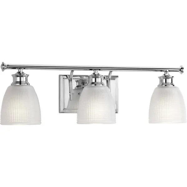 Three-light bath from the Lucky Collection, with a distinctive design that evokes a vintage flair with finely crafted details. Light is beautifully illuminated through double prismatic frosted glass shades. Polished Chrome finish. Collection: Lucky Rooms: Bathroom Finish: Polished Chrome Glass: Frosted Prismatic Width: 23.75" Height: 7.63" Length: 23.75" Weight: 6.58 lb Extension from Wall: 6.63" Top to Outlet: 3.88" Wire: 6" Canopy: 1"x5"x8" Number of Bulbs: 3 Maximum Wattage: 100.00 W Bulb Type: A19 Bulb Base: E26 Light Source: Incandescent Voltage: 120.00 V Material: Steel Country of Origin: CN Safety Listing: UL-CUL Safety Rating: Damp Title 20 Manufacturer Warranty: 1-year Limited Warranty Spec Sheet Instructions Parts Diagram